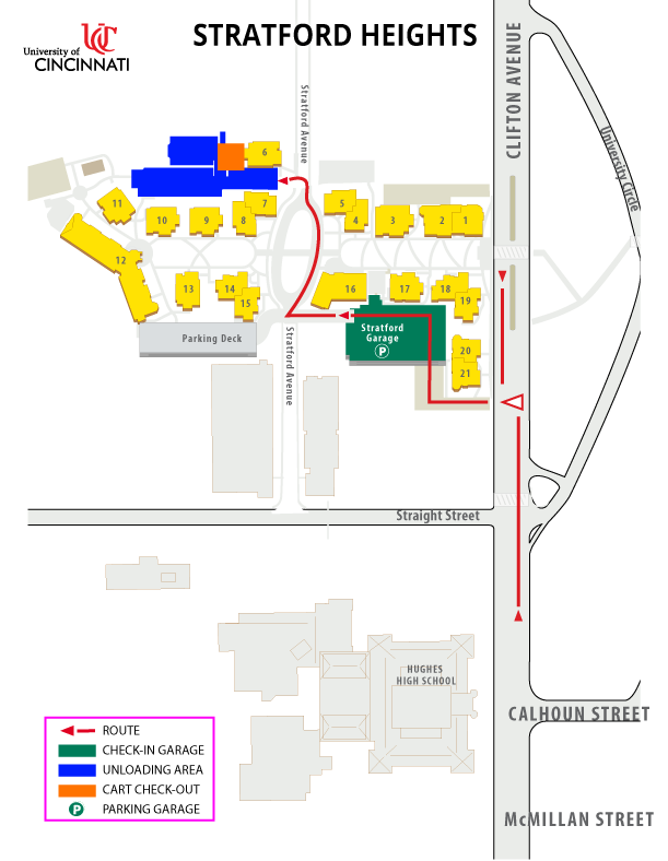 Map showing check in and unloading for Stratford Heights . Contact Housing 513-556-6461 for directions