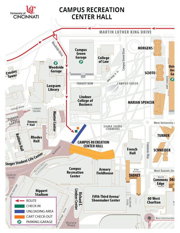 Map showing check in and unloading for Campus Recreation Center hall . Contact Housing 513-556-6461 for directions