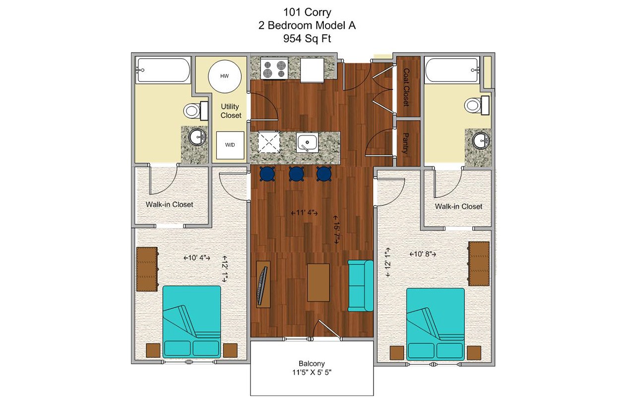 Floor plan for a 101 East Corry apartment. To the tight of the entryway is the kitchen that has a closet with the washer-dryer and water heater. TO the left of the entryway is a coat closet and pantry. Forward from the entryway is the living room area with entryways to the bedrooms on either side of the room.  The single bedrooms have a walk-in closet and private bathroom.