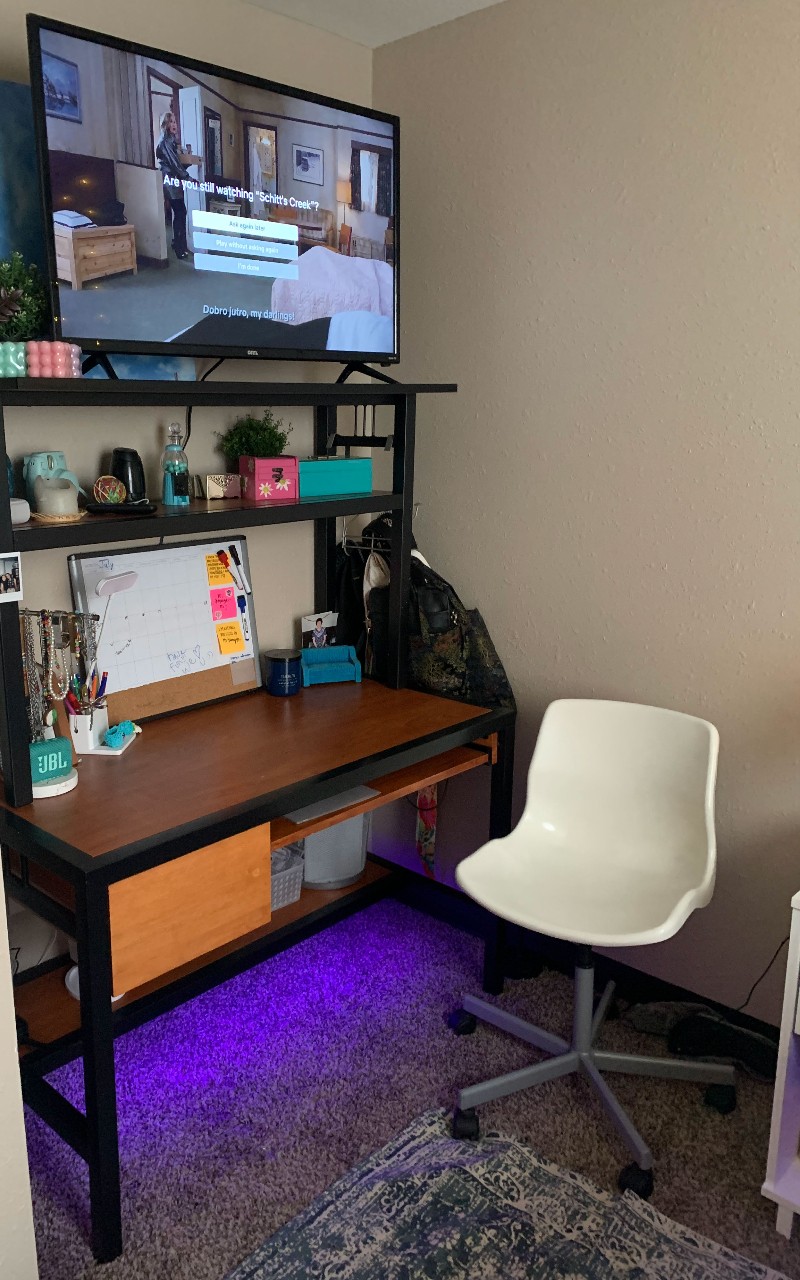 CP Cincy dorm room desk with TV mounted on top