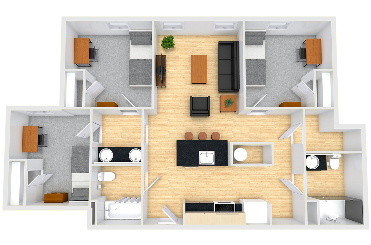 Overhead view of floor plan featuring 3 single bedrooms and two bathrooms as well as a kitchen and living room.