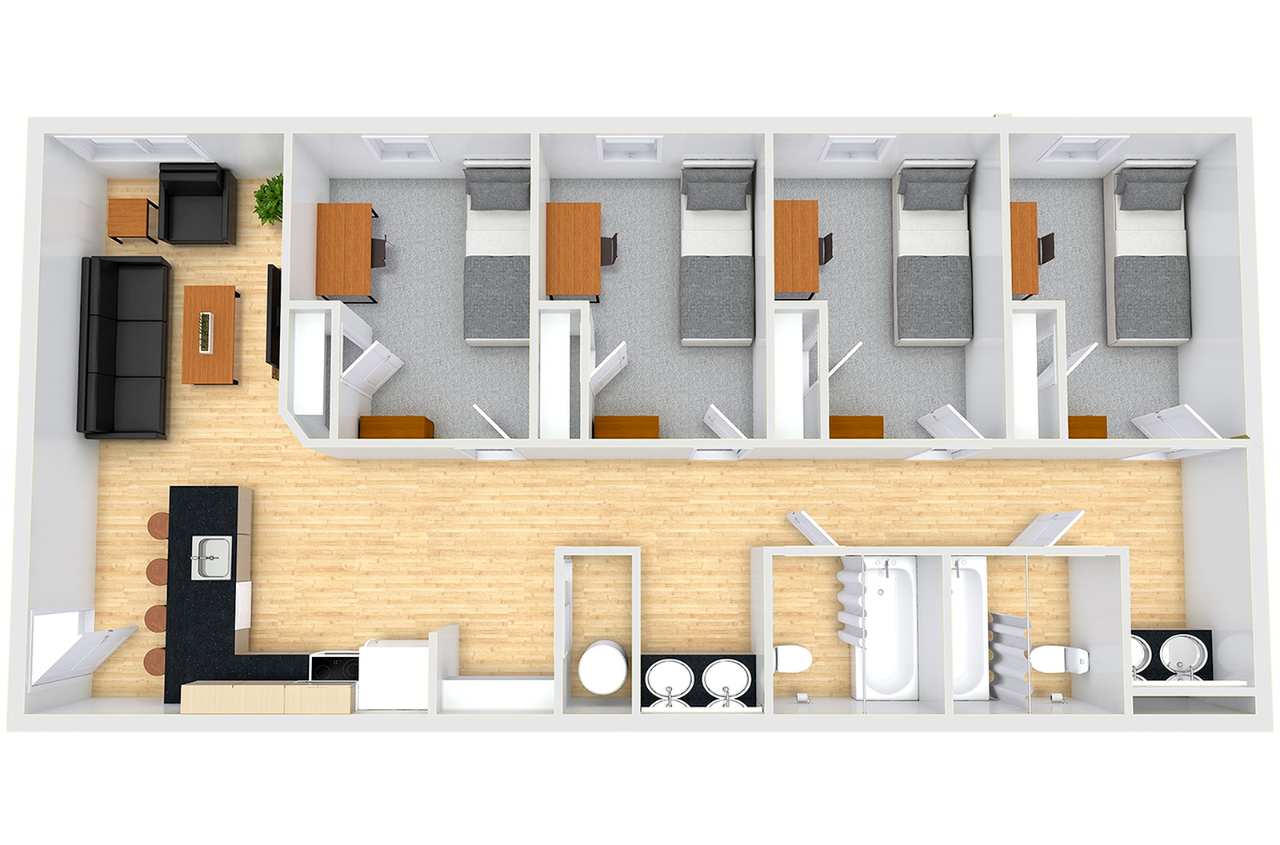 Overhead view of floor plan featuring 4  single bedrooms and two bathrooms as well as a kitchen and living room.