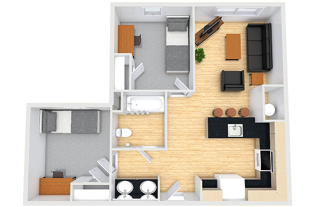 Overhead view of floor plan featuring 2 separate bedrooms and one bathroom as well as a kitchen and living room.