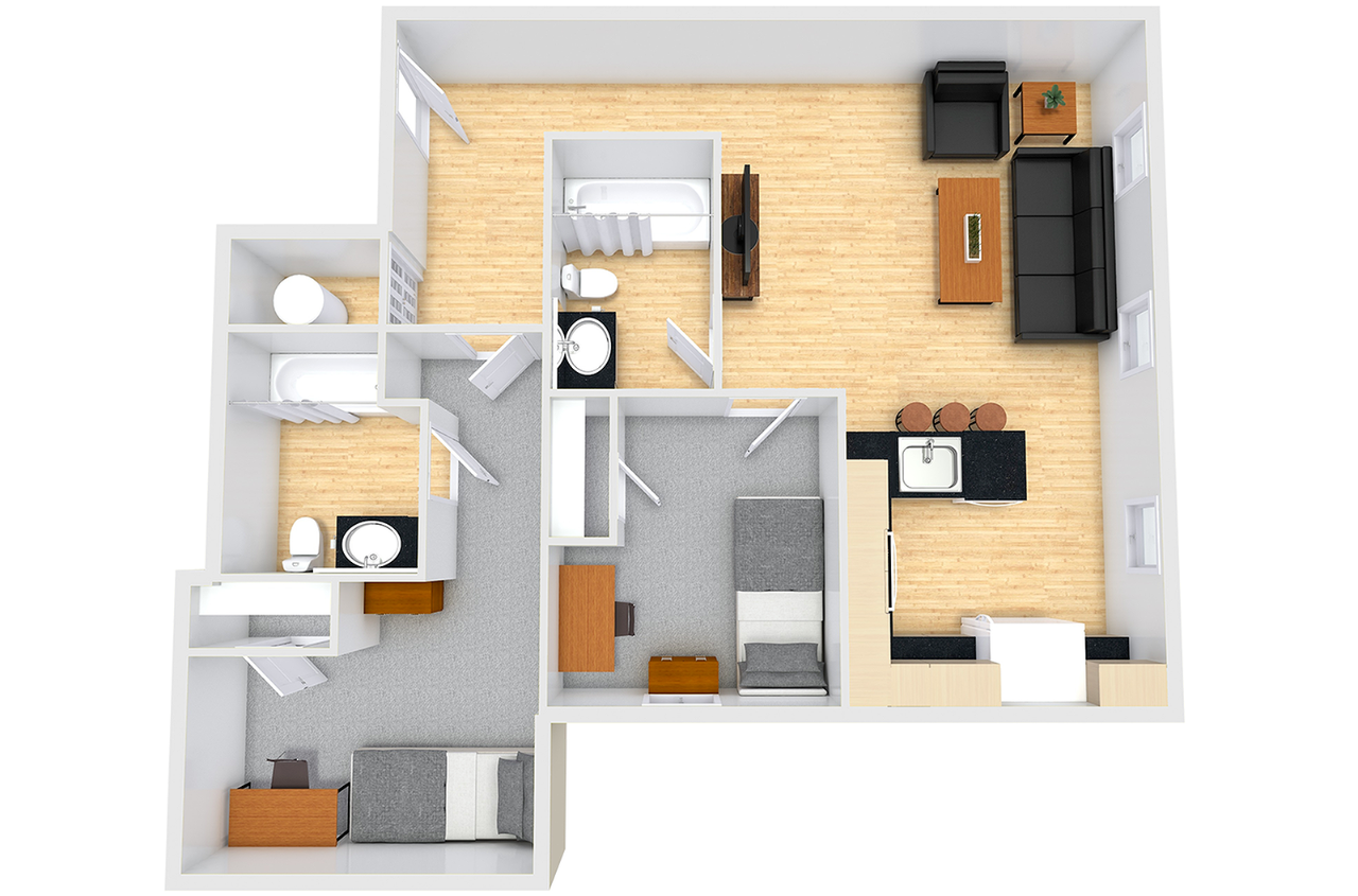 Overhead view of floor plan featuring 2 bedrooms and two bathrooms as well as a kitchen and living room.