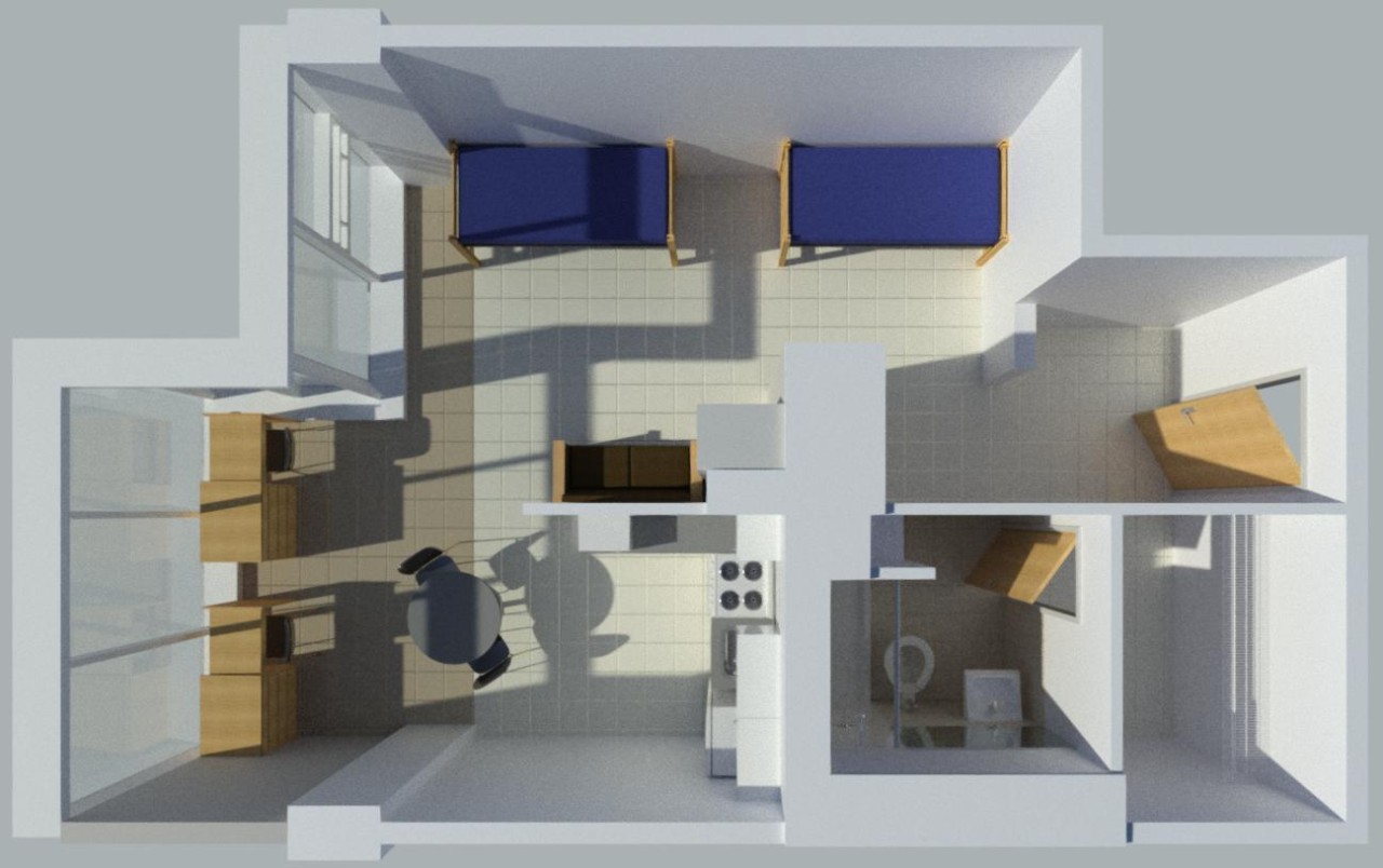 Floor plan of Morgens 2-person room showing 2 beds, 2 desks, a full bathroom and a closet