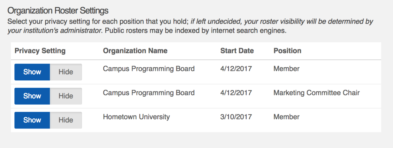 CampusLINK Organization Roster Settings Page