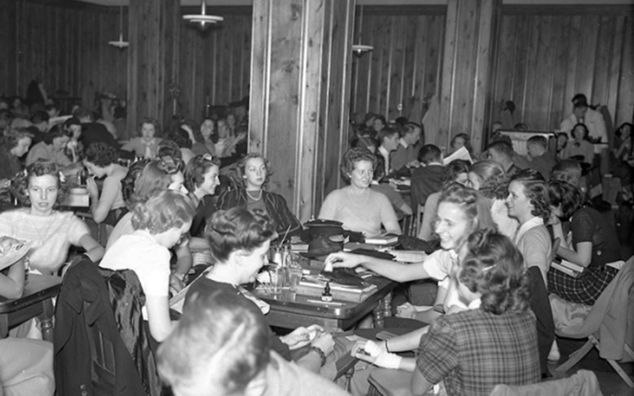 Students in the late 1960s gather in the Rhine Room in the renovated Tangeman University Center