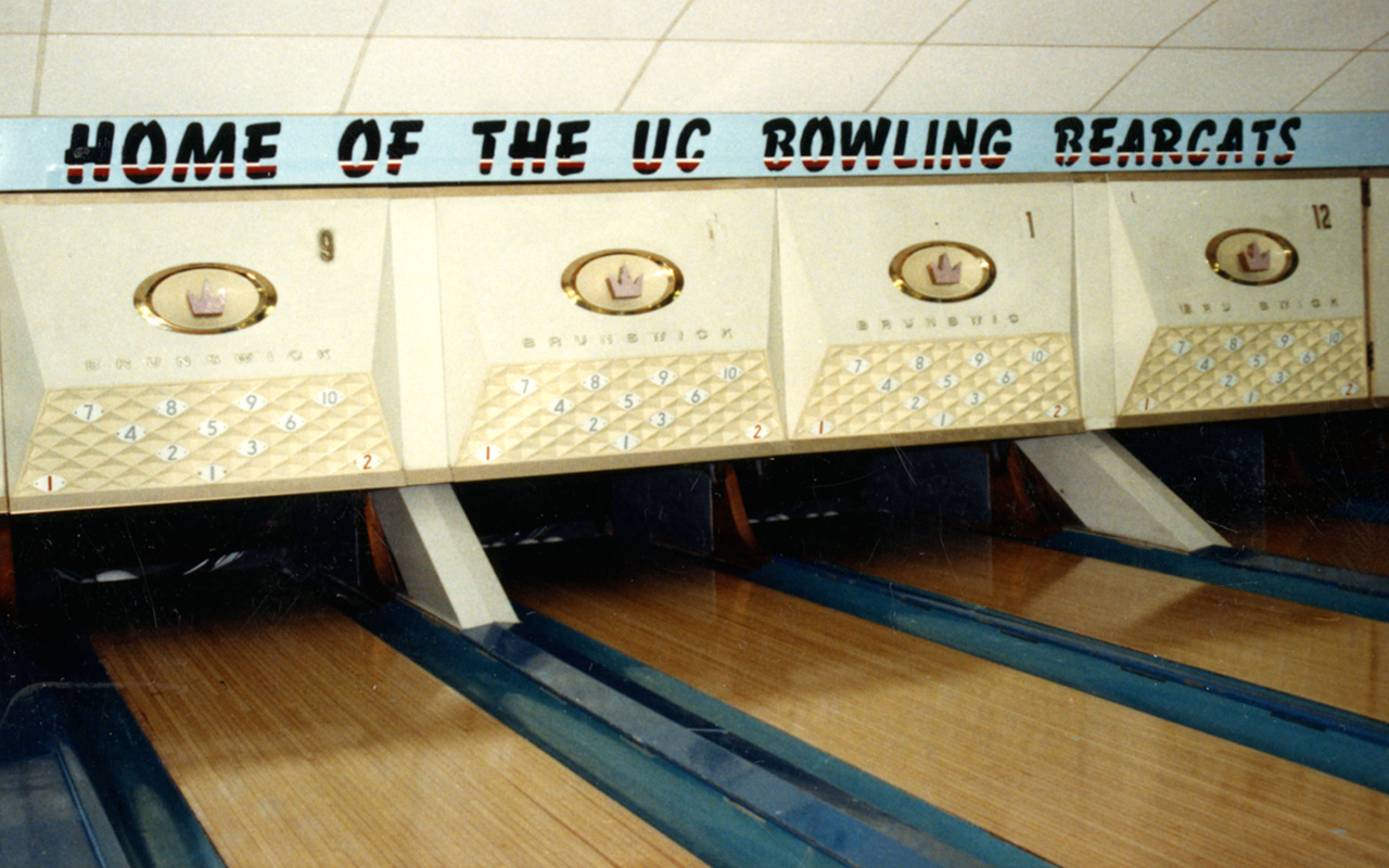 Bowling lanes with a sign Home of the Bowling Bearcats