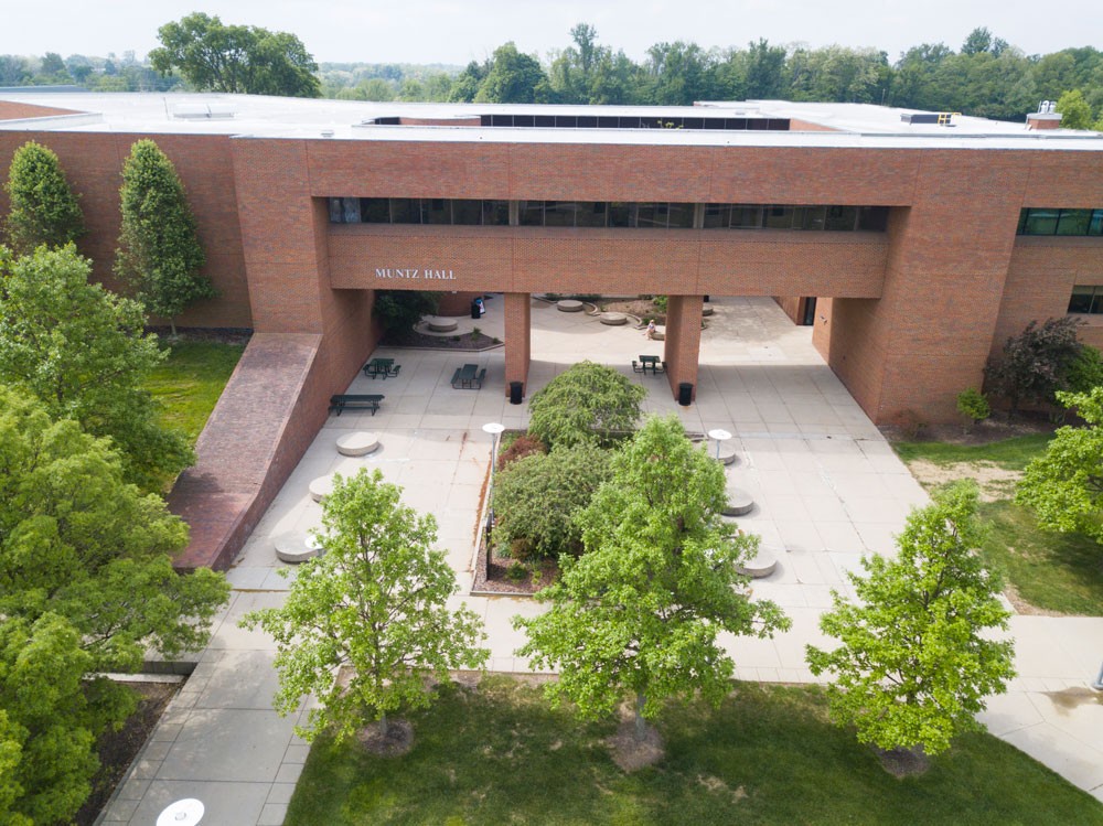 aerial view of Muntz Hall exterior