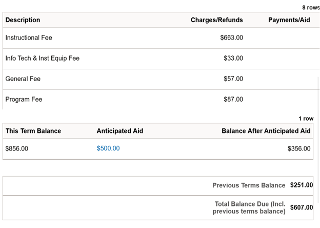 Dipicts how the bill summarizes all charges and credits in one place and also displays anticipated aid.