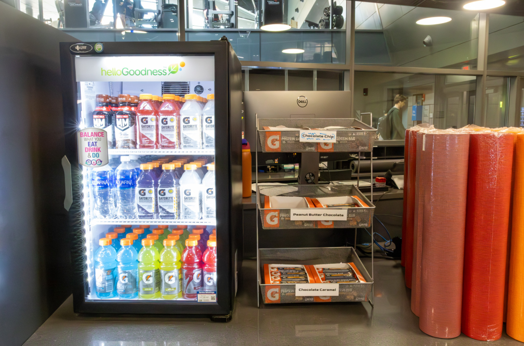 The pro shop is located at the member services desk at the entry to the recreation center