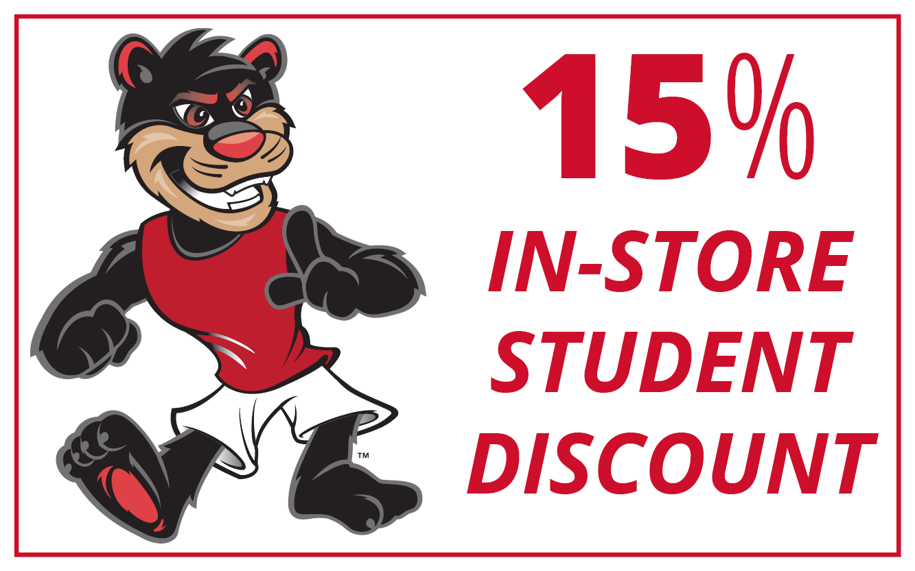 The Bearcat mascot and text that says 15% student discount