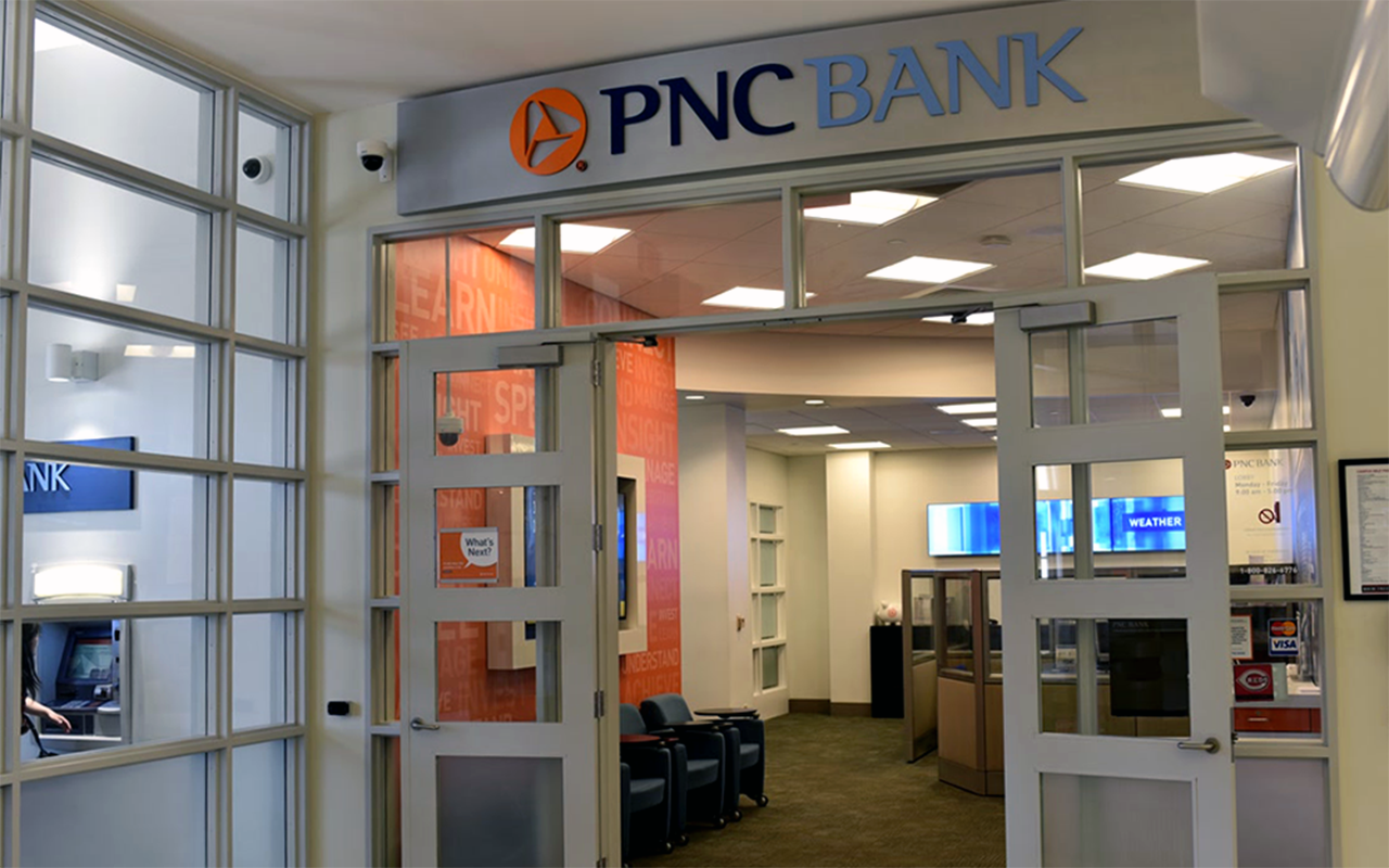 The entrance to the PNC Bank branch at the University of Cincinnati. The branch is located on level 3 of Tangeman University Center. 