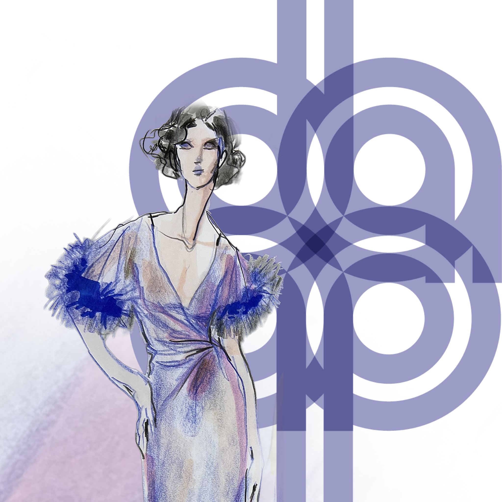 Fashion Sketch of a girl in a purple dress over the purple School of Design DAAPworks logo.