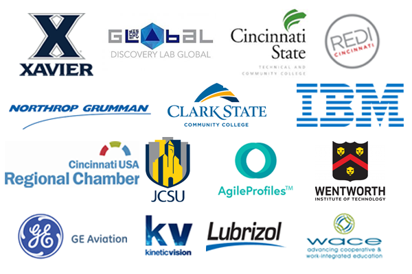 Logos of Next Apprenticeship Partners: Xavier University; IBM Global; Wentworth Institute of Technology; Cincinnati State Technical and Community College; WACE; Clark State Community College; Discovery Lab Global; Johnson C. Smith University; Pepulab (Agile Profiles); Northrop Grumman; Kinetic Vision; GE Aviation; Lubrizol; Cincinnati Chamber of Commerce; REDI Economic Development 