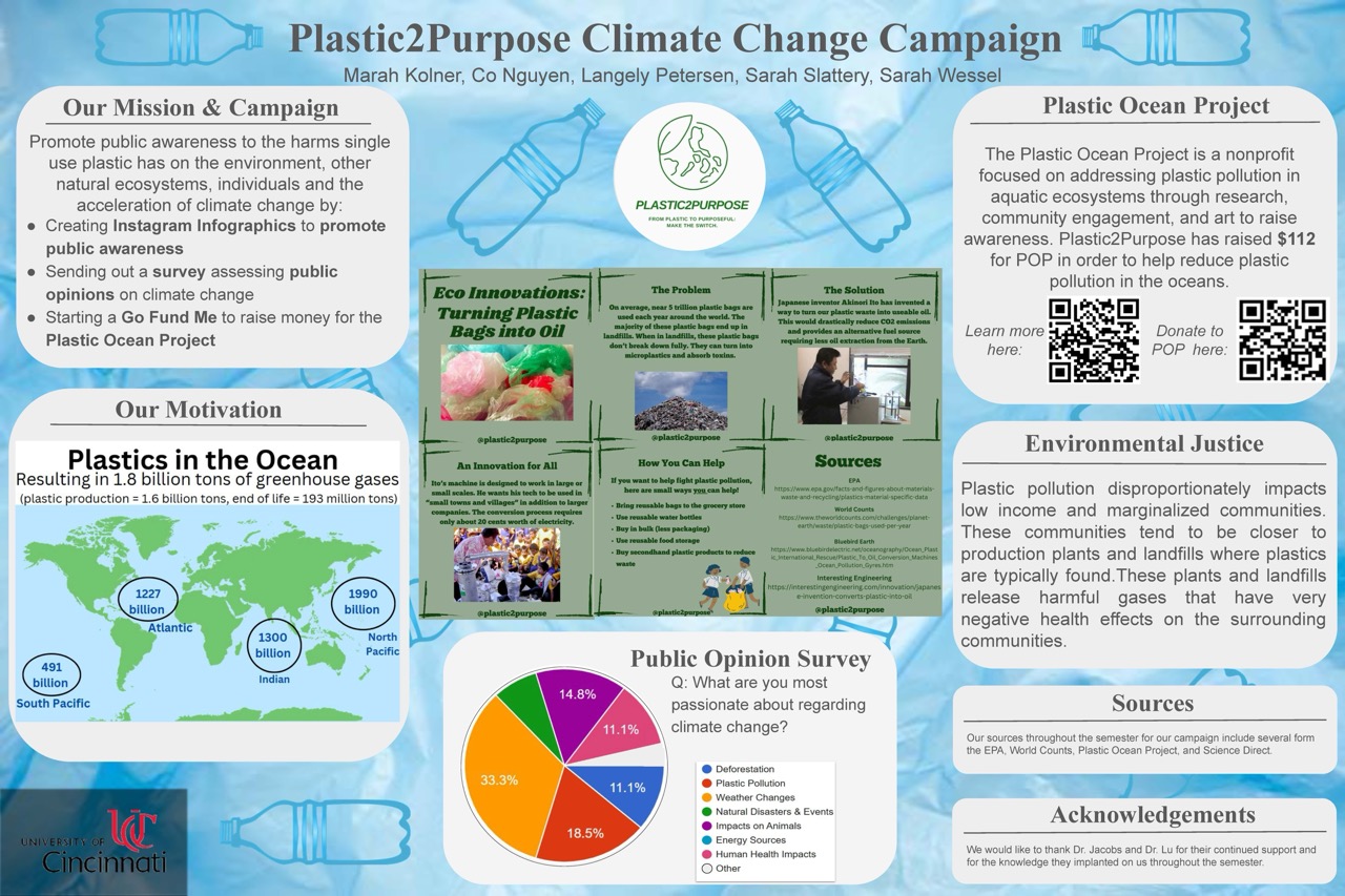 Sample Climate Change Research Poster with multiple images, graphs, and text highlighting the theme of Plastic to Purpose