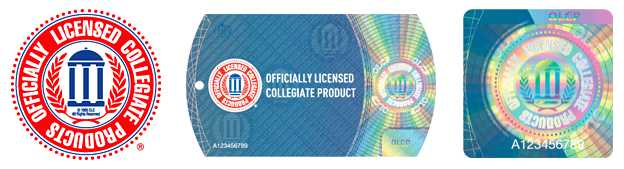 Three stickers produced by the Collegiate Licensing Company that are displayed on officially licensed products. 