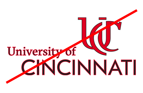 A crossed out University of Cincinnati logo incorrectly outlined with a thin stroke