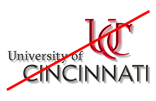 A crossed out University of Cincinnati logo incorrectly using a drop shadow and bevel