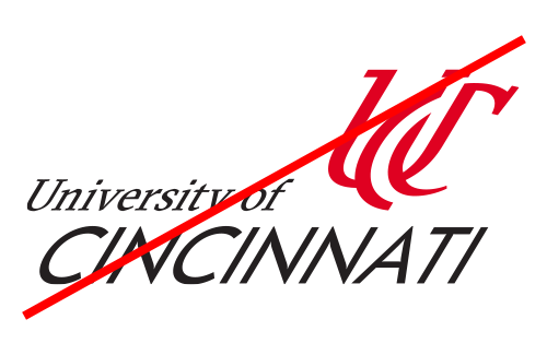A crossed out University of Cincinnati logo incorrectly skewed