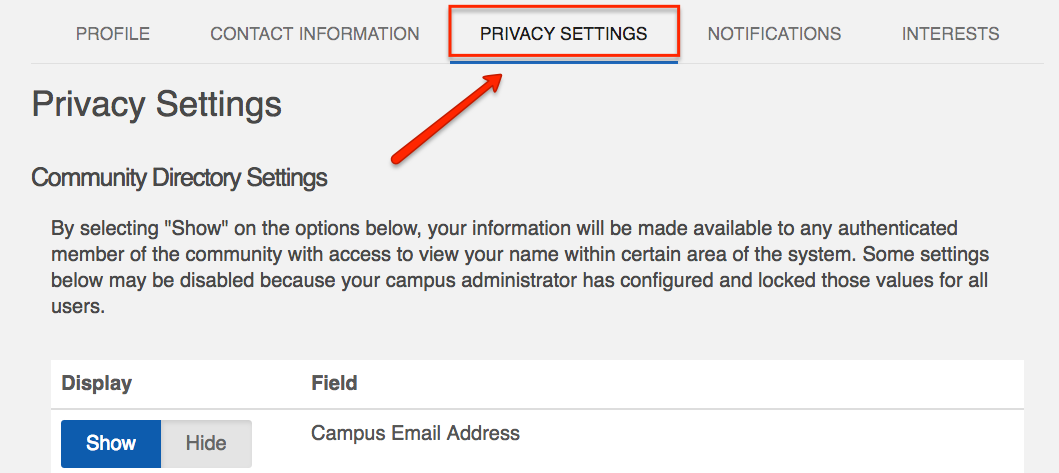 CampusLINK Privacy Setting page with arrow pointing to the tab labeled "Privacy Settings"