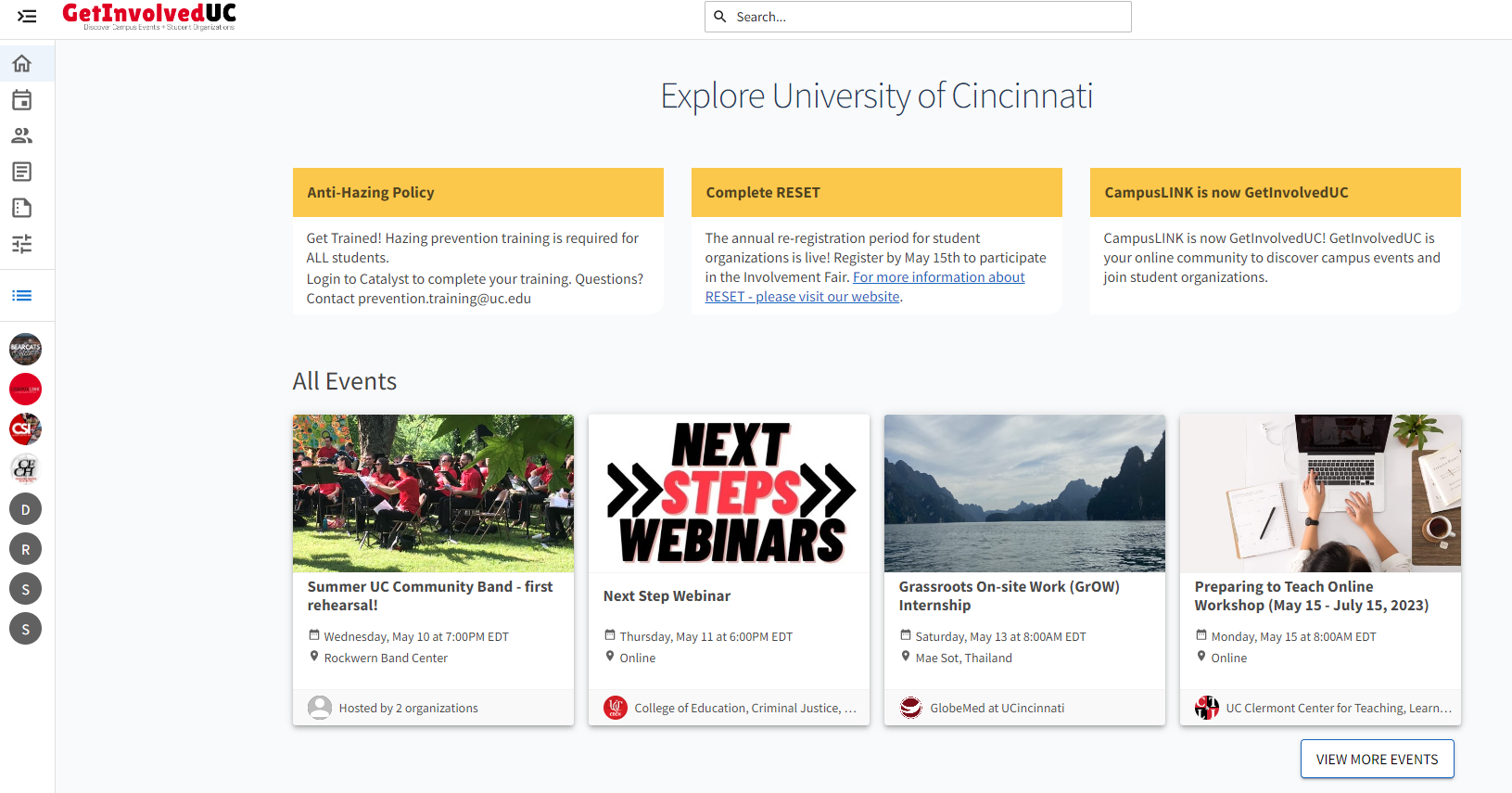A screenshot of the GetInvolvedUC platform showing upcoming events