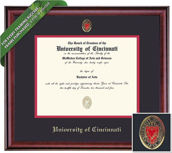 Wood diploma frame with multi-layer matt and a university crest.