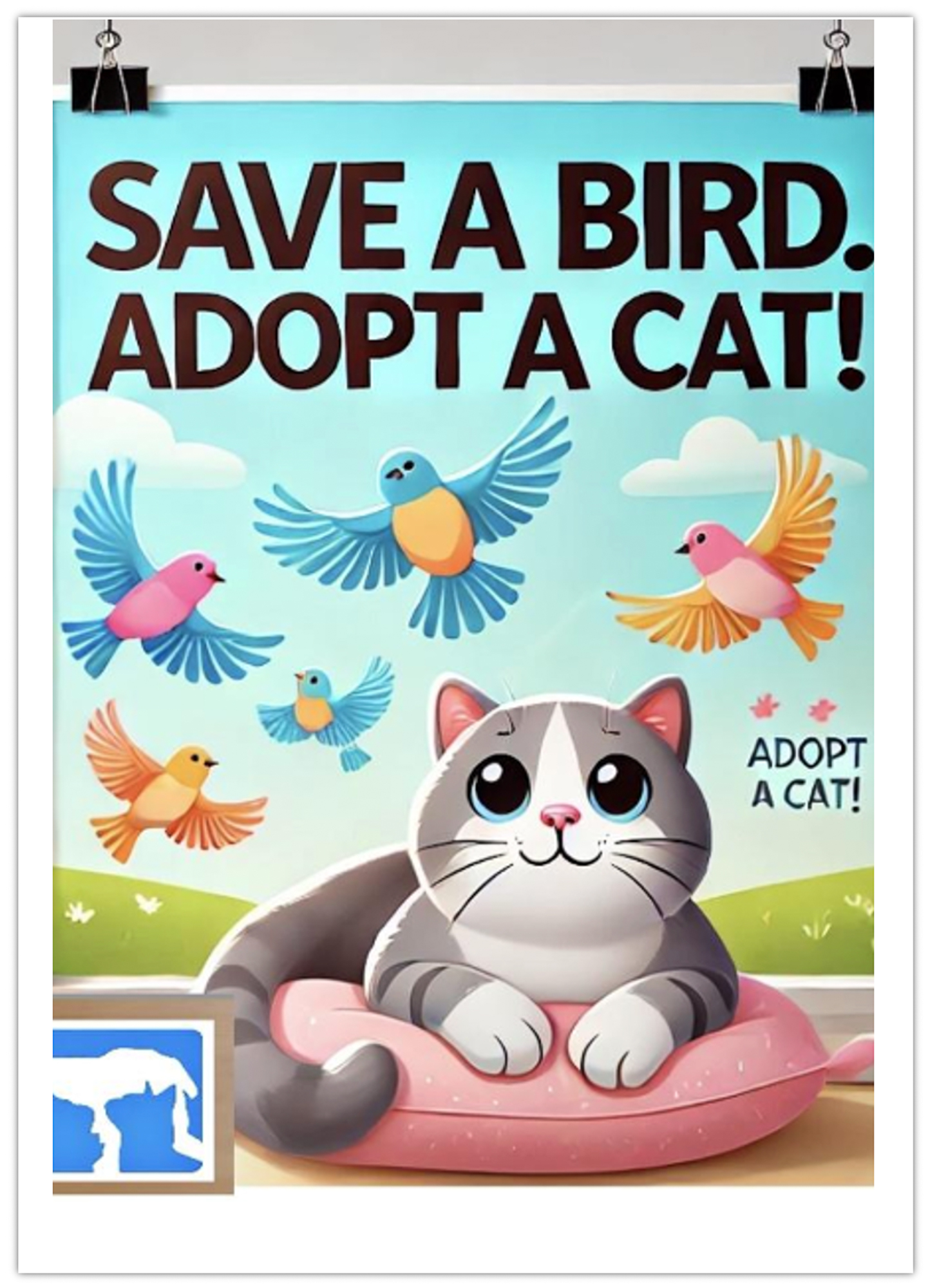 A drawing of a cat smiling at birds reads Save a Bird, Adopt a Cat!