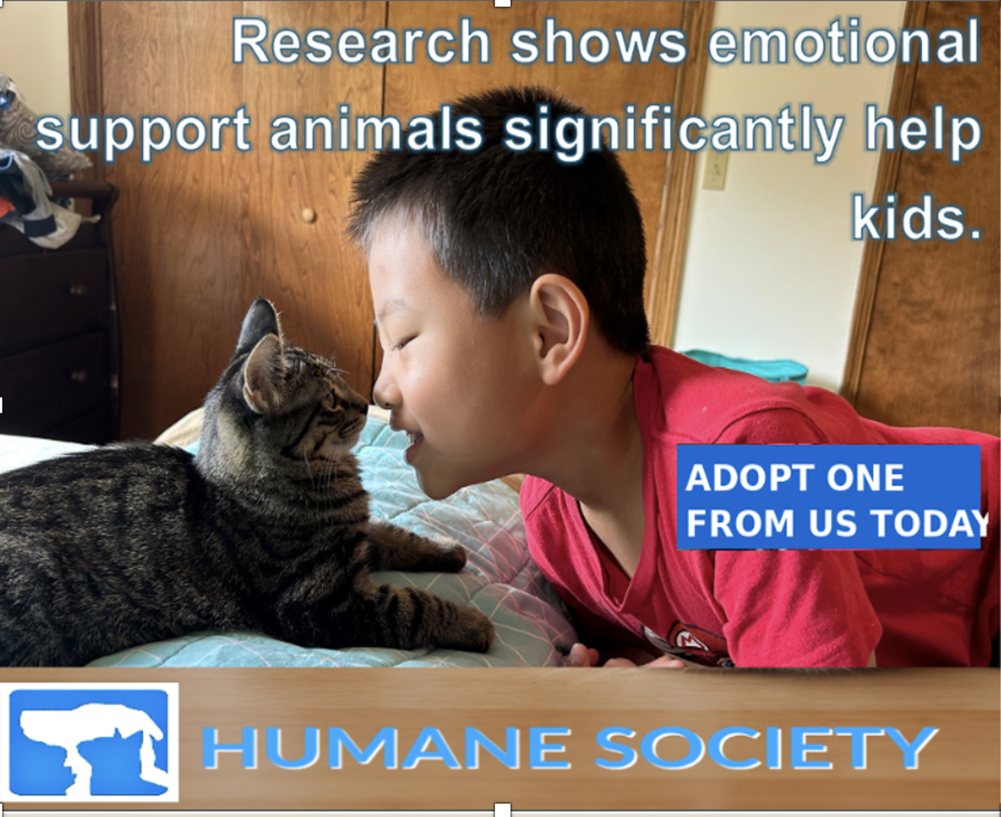A child goes nose to nose with a kitten with the text Research shows emotional support animals significantly help kids.
