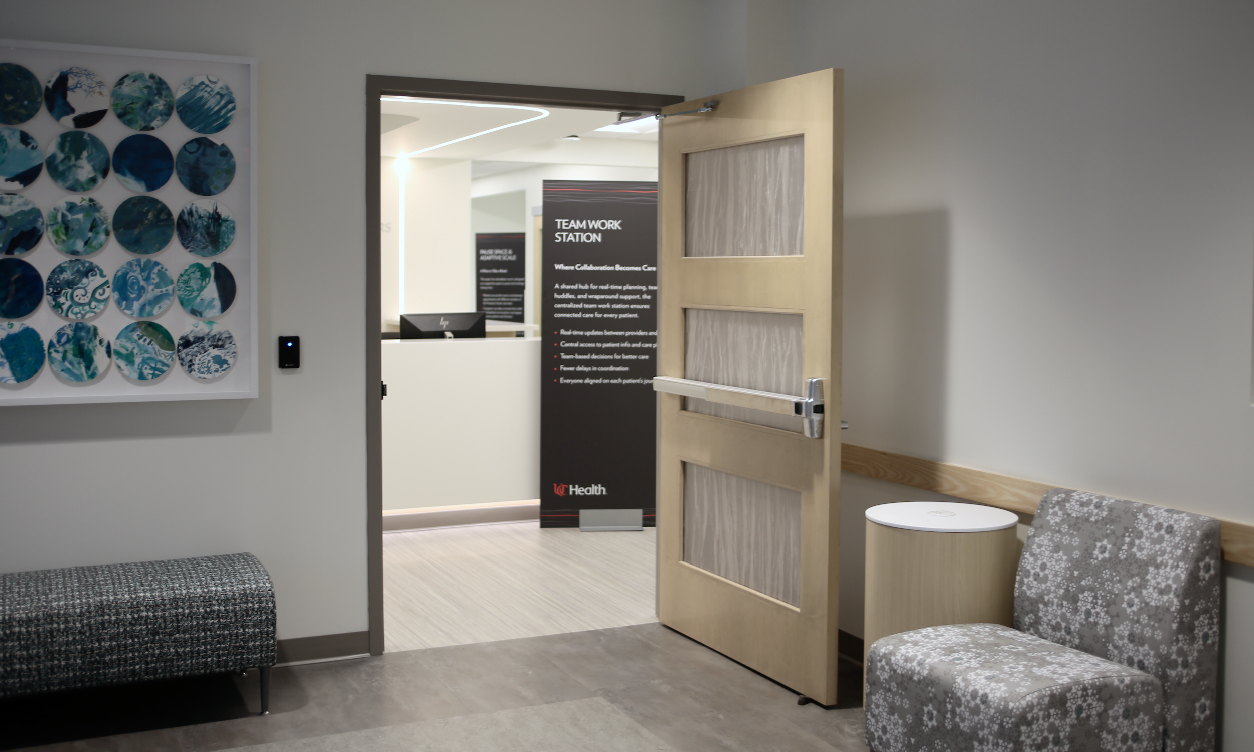 Doorway and hall inside a medical clinic.