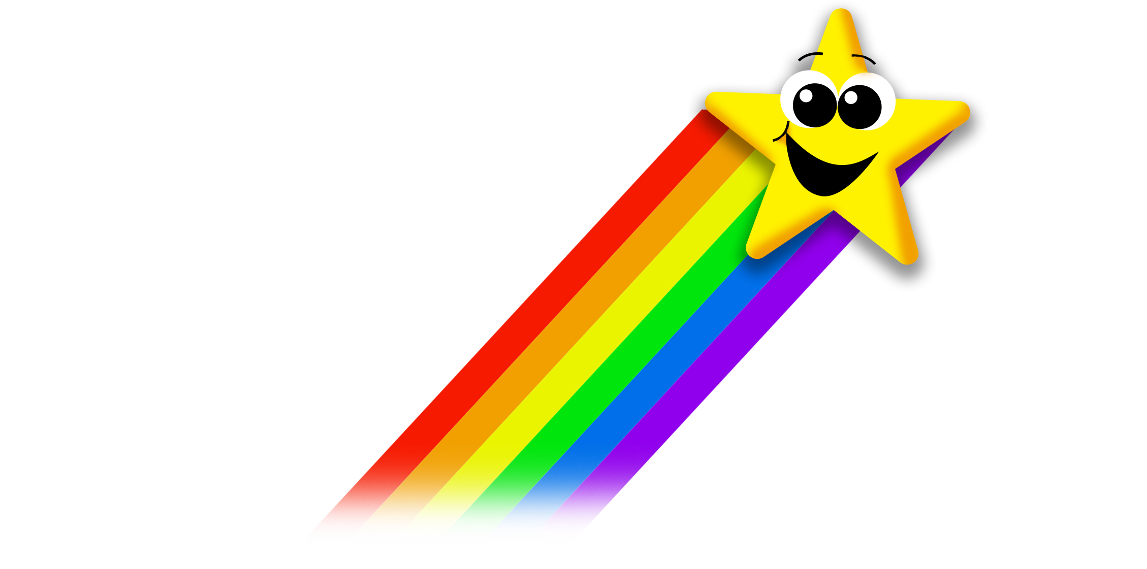 Smiley star cartoon flying above a rainbow