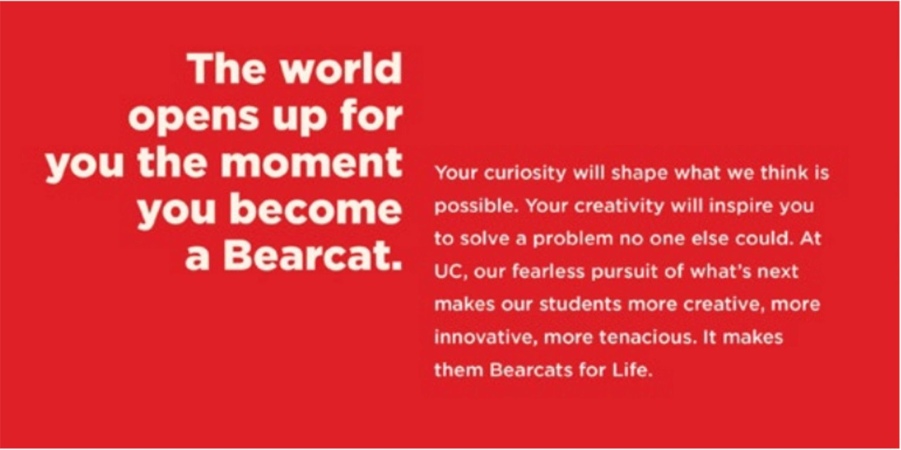 Example of the use of the off-centered grid approach to text layout from UC's Bearcats for Life campaign