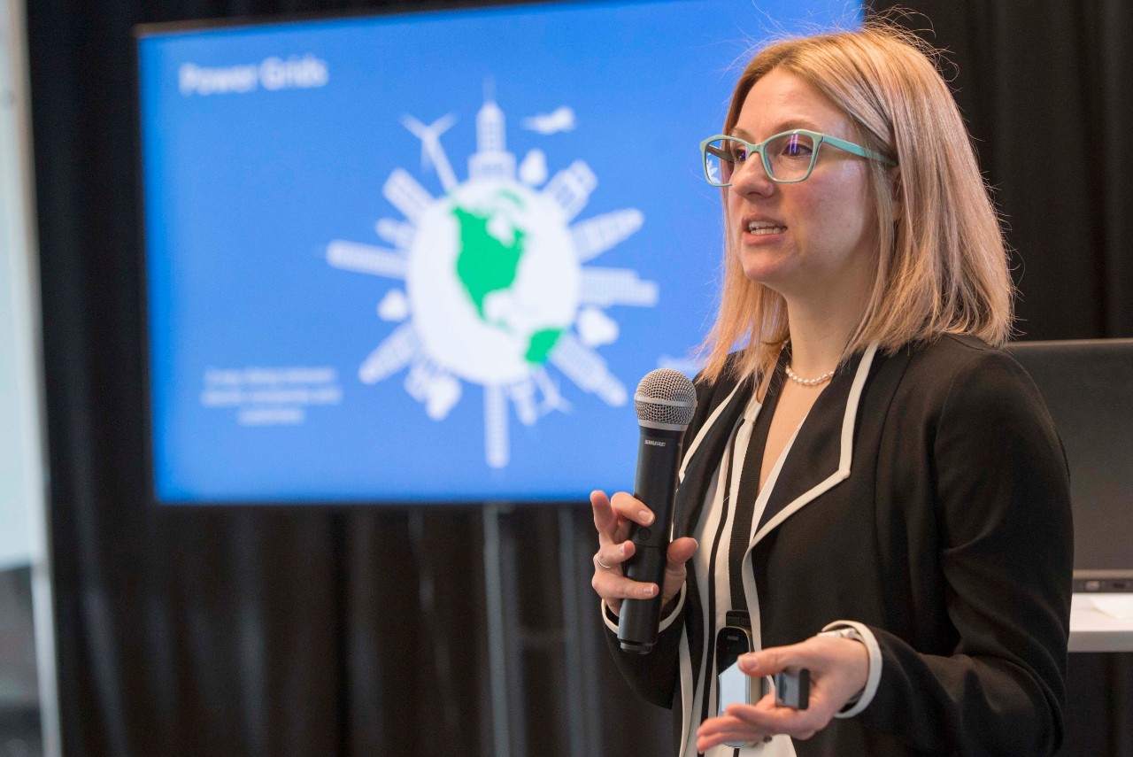 Dr. Jessica Kropczynski spoke to elementary school students at Nippert Stadium during Research Week & Innovation Week April 2, 2019. UC/Joseph Fuqua II 
