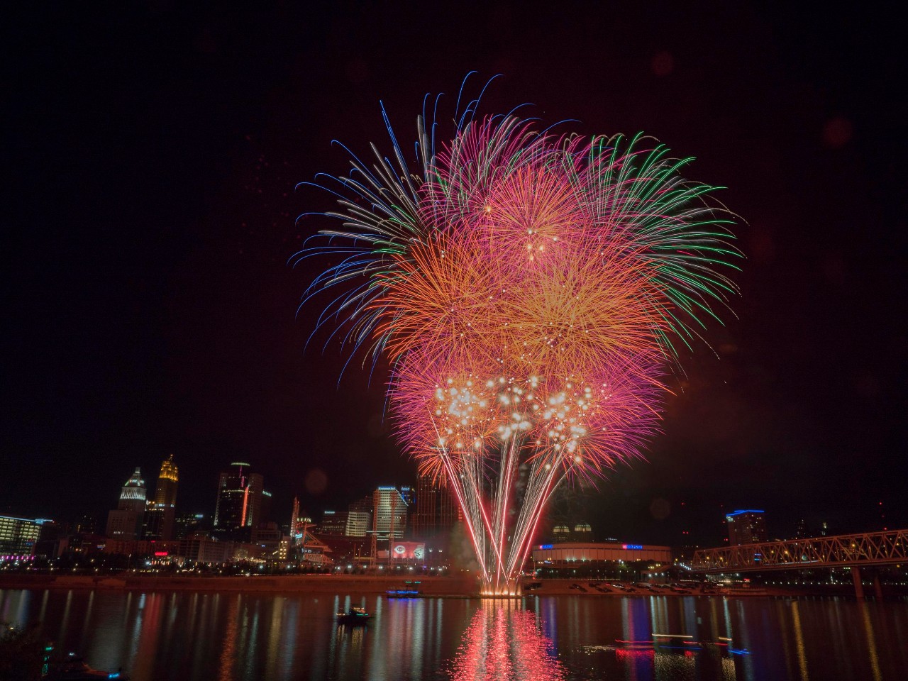 Fireworks seen from the Cincinnati skyline - another fun summer activity in Cincinnati