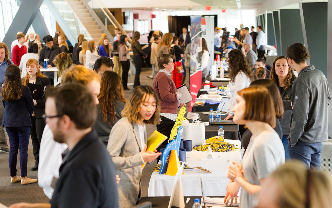 Busy career fair scene - a great way to find a job after college