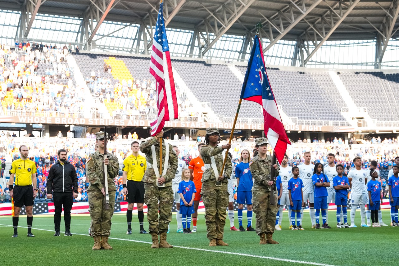 CINCINNATI, OHIO - ARPIL 26: National Anthem before a match against Louisville City FC on April 26, 2023 at TQL Stadium in Cincinnati, Ohio. (Joseph Guzy/FC Cincinnati)