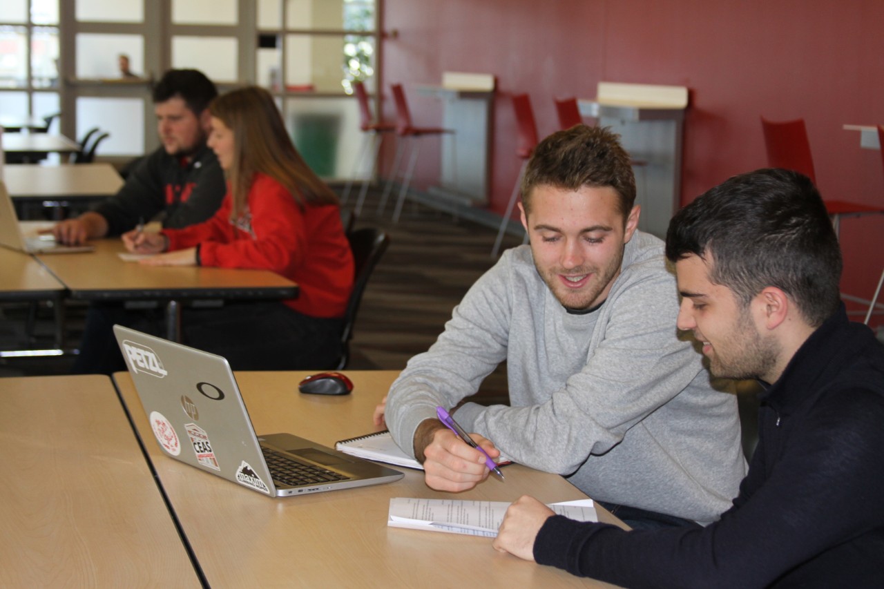 Two students collaborating on career coaching with a laptop covered in stickers, seated at a table in the career studio with other students working in the background