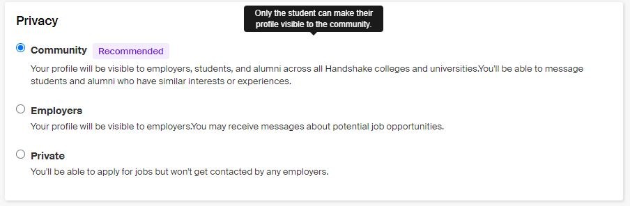 screenshot of Handshake Privacy settings with three options: Community, Employers or Private