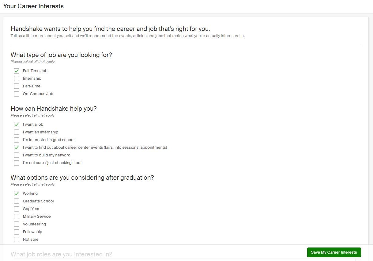 screenshot of Handshake page with questions like, What type of job are you looking for? and What options are you considering after graduation?