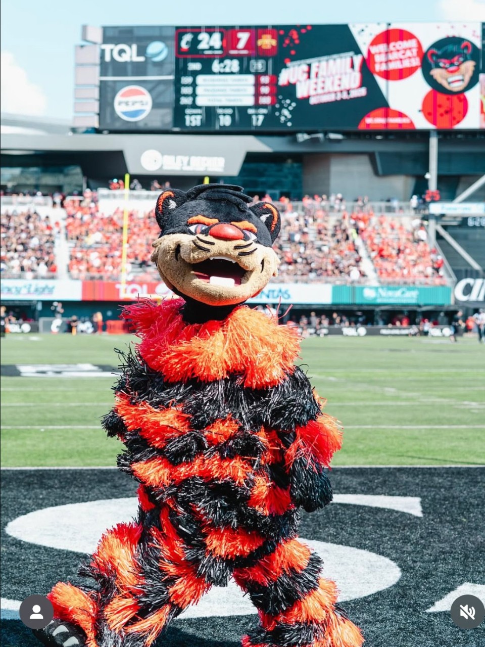 The Bearcat wears a pompom outfit and stands in front of the Family Weekend sign at Nippert Stadium during a football game.