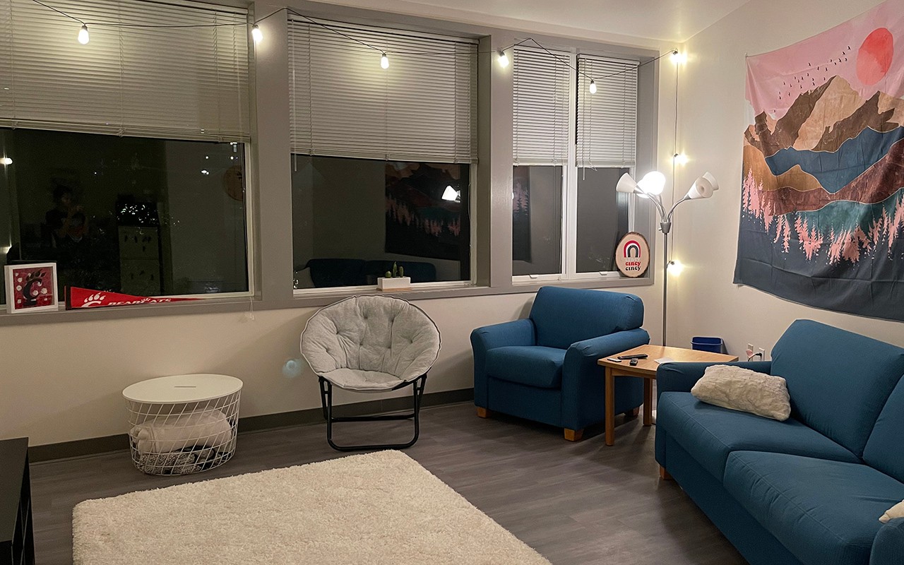Turner dorm living area decorated with tapestry and string lights 