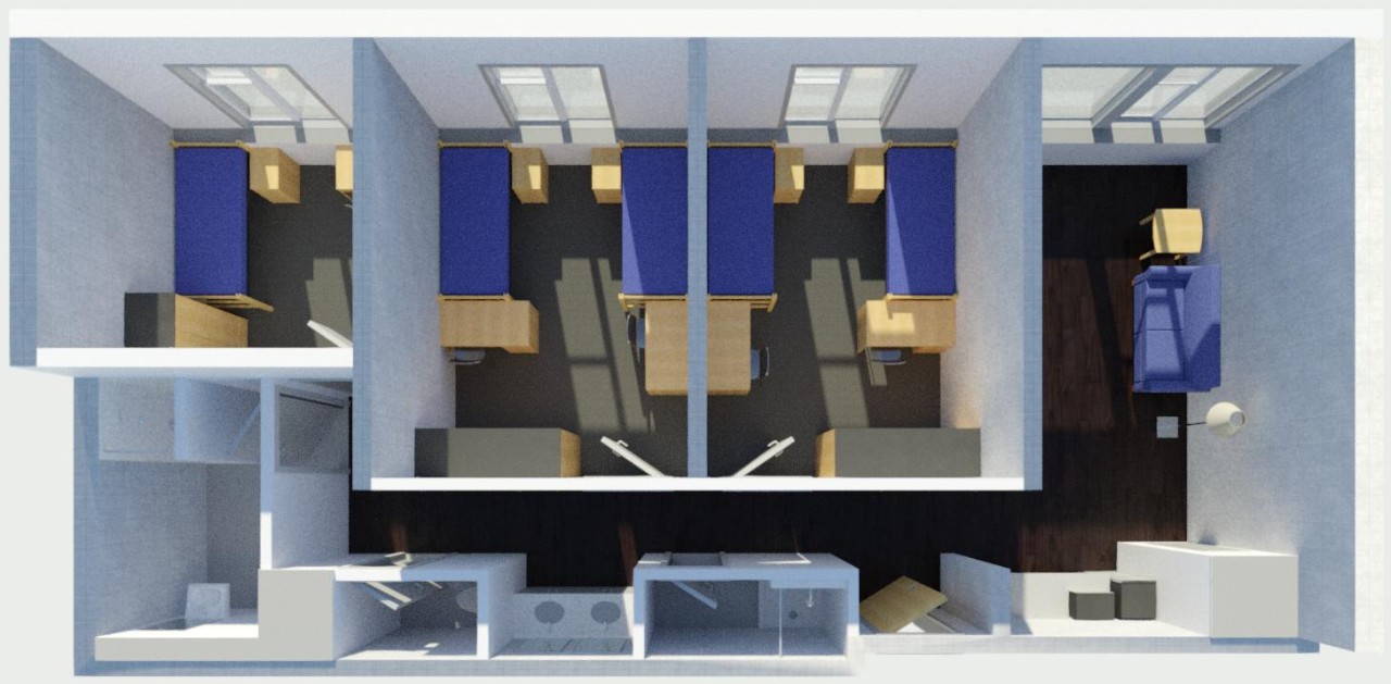 Turner Hall triple with 4 bedrooms, 2 with 2 beds, desks and closets, and 2 with single bed, desk and closet and a common bathroom 