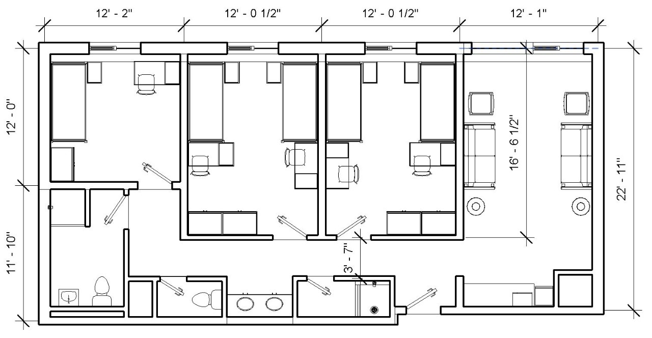 Turner Hall triple with 4 bedrooms, 2 with 2 beds, desks and closets, and 2 with single bed, desk and closet, and a common bathroom