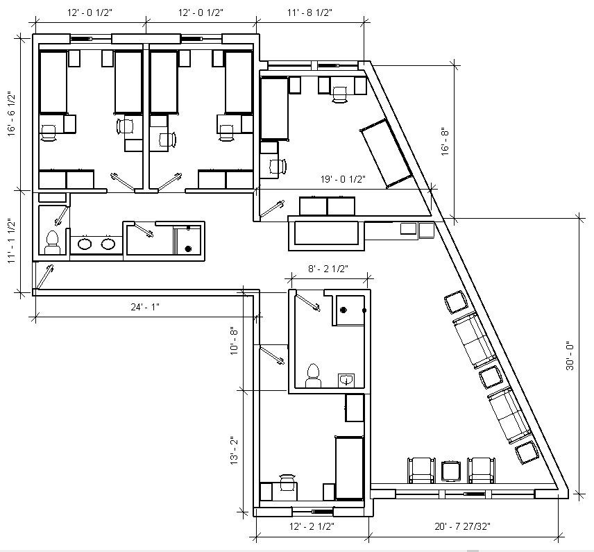 Turner Hall quad with 5 bedrooms, 3 with 2 beds, desks and closets, and 2 with single bed, desk and closet, and common bathroom