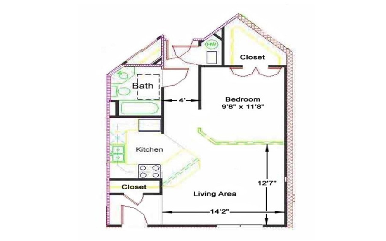 Floor plan of a studio apartment in Bellevue Gardens. In front of the entryway is a closet. To the right of the entry way is the living room. To the left of the living room is the kitchen. To the right of the living room is a bedroom with a closet. Across the hallway from the bedroom is the bathroom. In the back of the apartment is the laundry area and hot water heater.