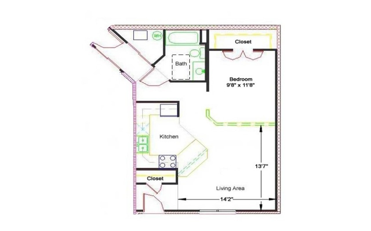 Floor plan of a studio apartment in Bellevue Gardens. In front of the entryway is a closet. To the right of the entry way is the living room. To the left of the living room is the kitchen. Down the hallway from the living room is a bedroom with a closet. Next to the bedroom is the bathroom. In the back of the apartment is the laundry area and hot water heater.
