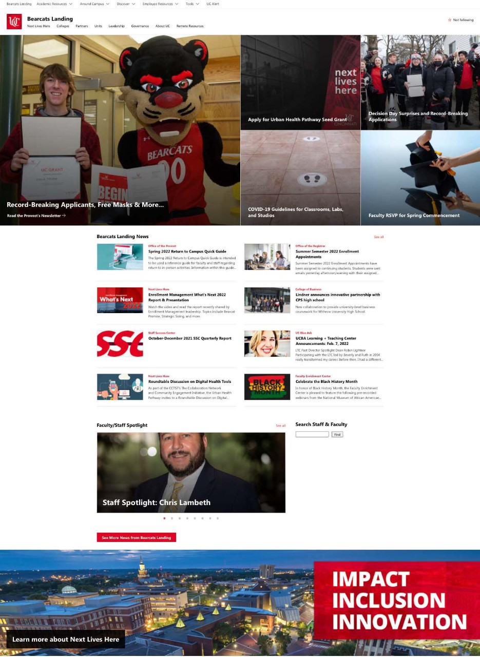 Screenshot of the Bearcats Landing homepage showing leaderships announcements and news