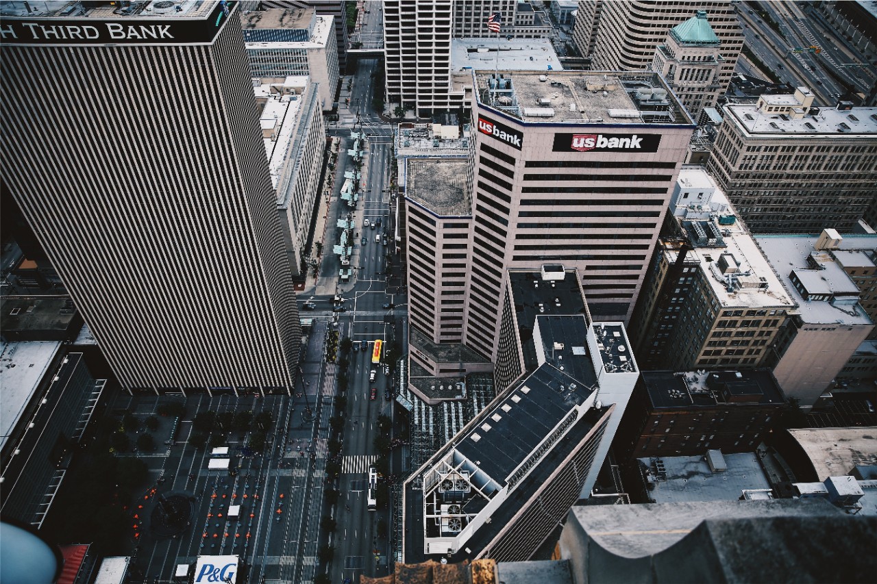 aerial shot of downtown Cincinnati