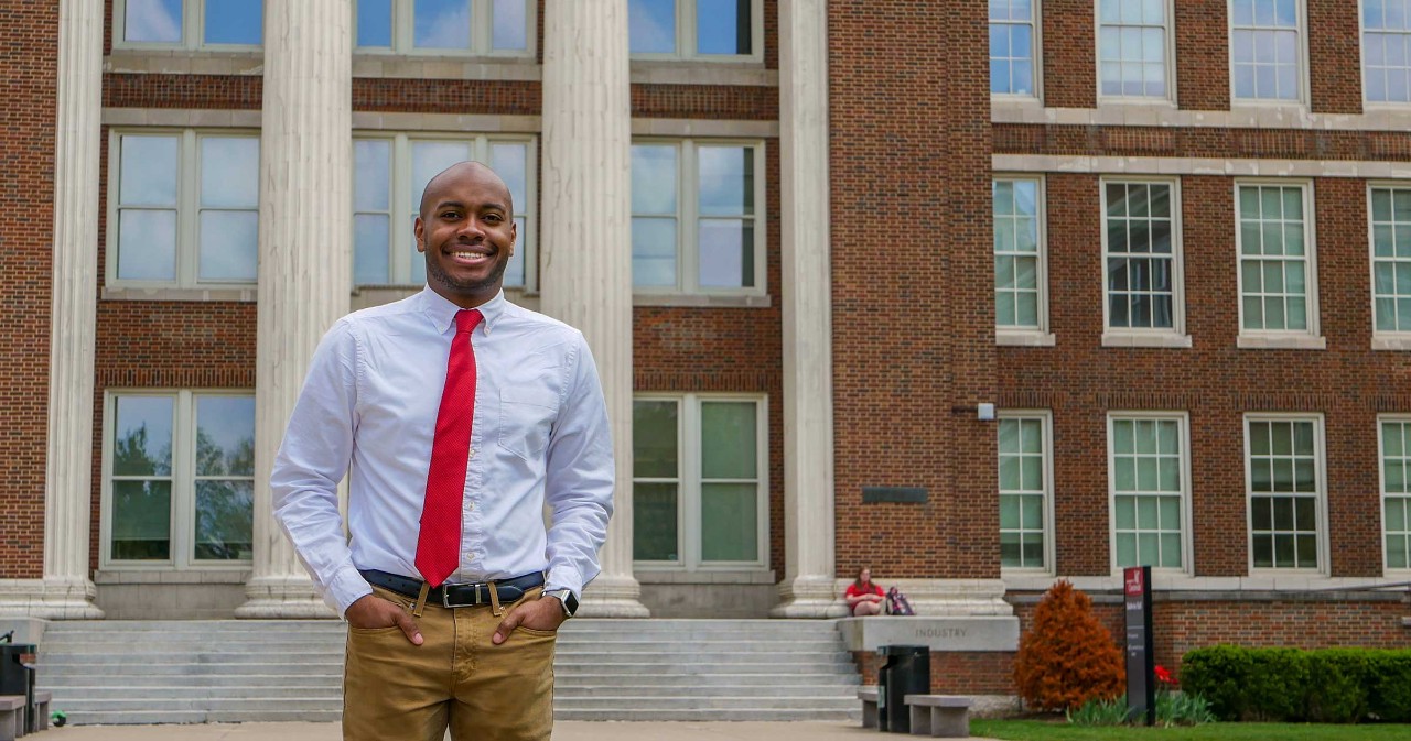 Rickey Terrell in front of Baldwin Hall
