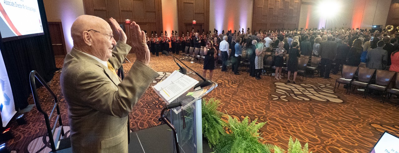 Founder John Goering cheers on the UC Bearcat Band as they perform the fight song for more than 600 attendees from across Greater Cincinnati’s business community at the 2018 gala.